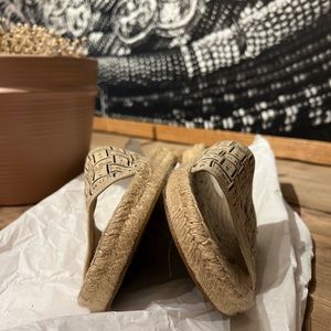 Tory Burch Ribbon Espadrille Cream White Black Slide Herringbone